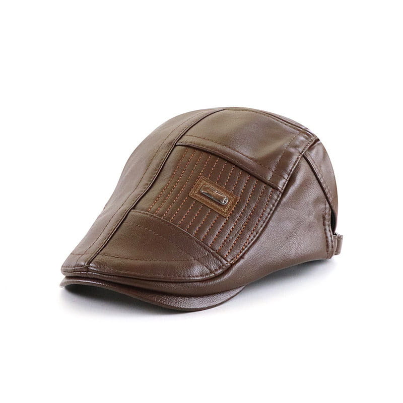 Brown leather flat cap with stitched paneling and a small rectangular patch on the front made of pu leather in two tone design for men.