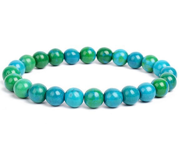 A unisex 8mm polished agate and amethyst stretch bracelet featuring smooth round turquoise and green beads with a glossy finish.