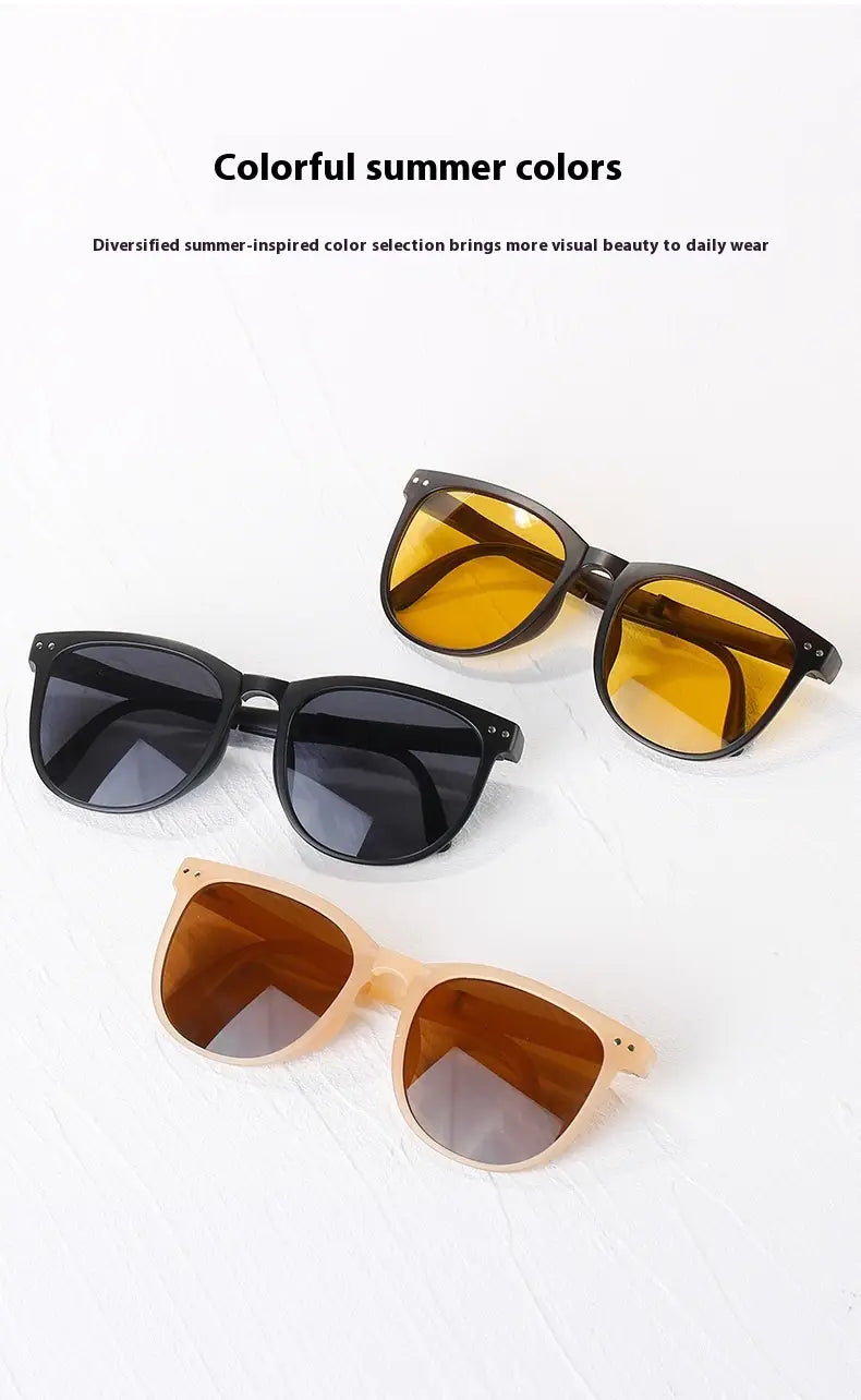 Three pairs of premium polarized folding sunglasses for women in black frames, yellow-tinted lenses, and beige frames with gradient brown lenses, designed for summer use.