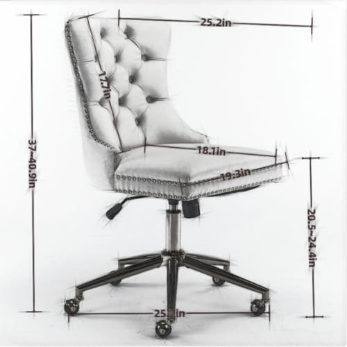 Silla de oficina de terciopelo color crema con botones tipo capitoné, base metálica dorada y ruedas giratorias para una movilidad mejorada.
