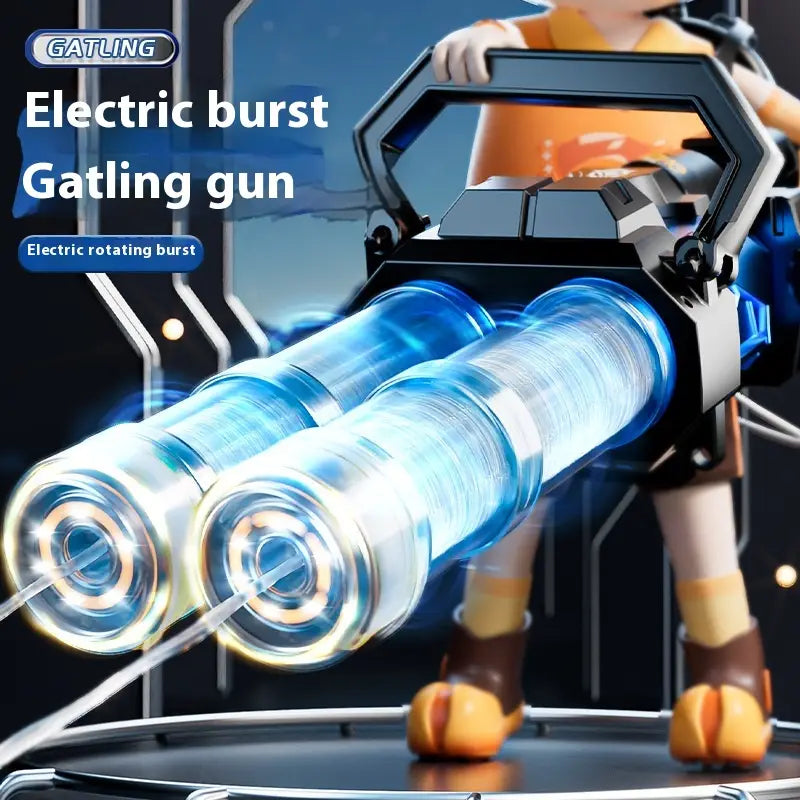 Outdoor-Spielzeug mit elektrischer Wasserpistole und LED-Hai-Optik; schwarze und blaue elektrische rotierende Burst-Gatling-Kanone mit transparenten Läufen.