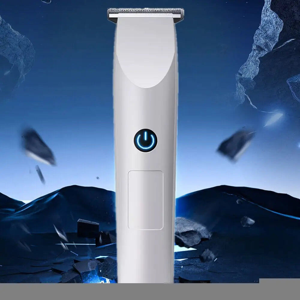 Weißer elektrischer Bartschneider mit wiederaufladbarer USB-Ladung, Haartrimmer mit schlankem modernem Design und leuchtendem blauem Netzschalter