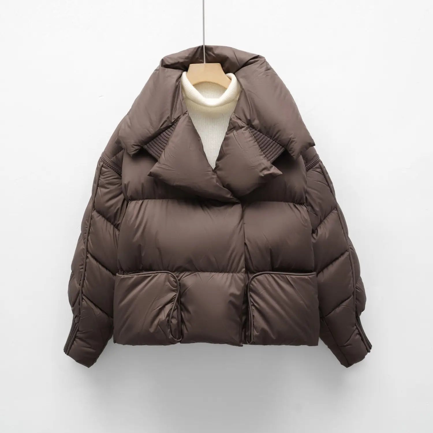 Brown down jacket patchwork large lapel Korean style with quilted design and ribbed collar.