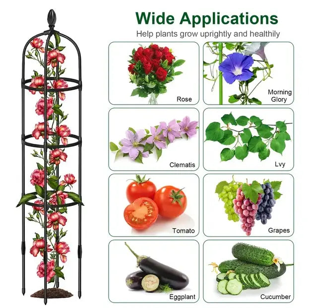 black metal garden obelisk trellis 2 pack 5.9ft metal plant towers with decorative tops and tiered circular rings supporting climbing roses