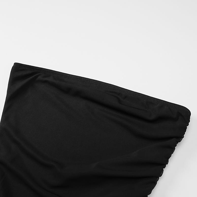 black satin ruched strapless side slit mini dress with gathered edge detailing