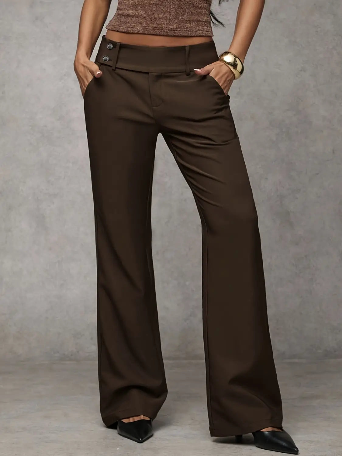 brown wide-leg high waist casual trousers with buttoned belt loops designed for work and casual wear.