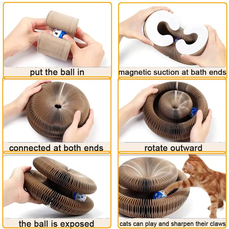 Juguete rascador plegable magnético para gatos con tablero de cartón corrugado marrón, con extremos de succión magnética y una bola oculta para que los gatos jueguen.