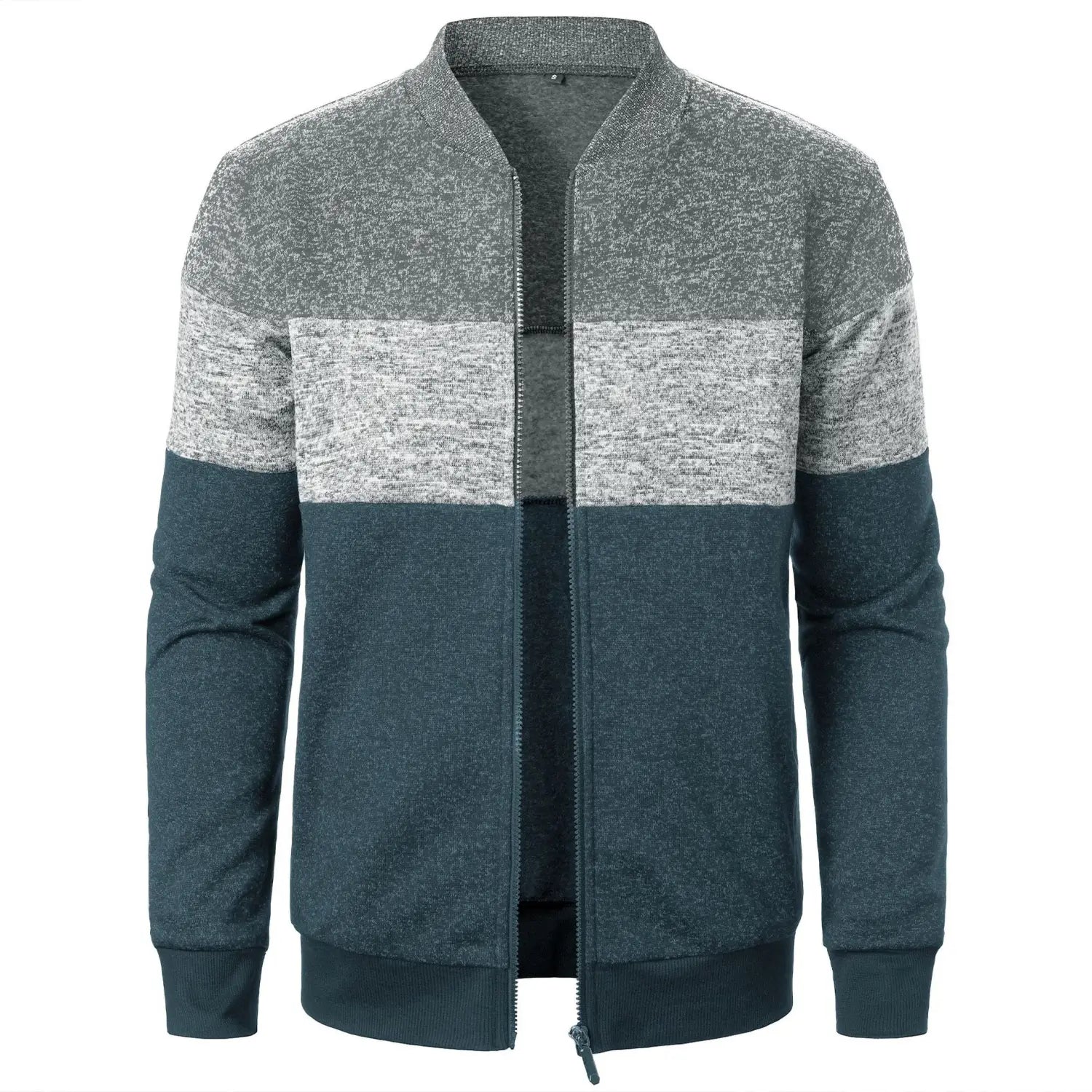 A men’s zip-up colorblock knit bomber jacket in heathered gray light gray and dark teal colors made of soft knit fabric.