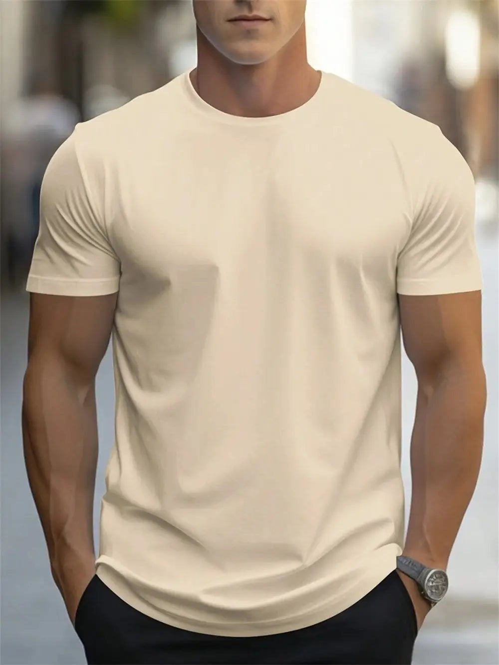 Herren-Retro-Leinenmischung mit lockerer Passform, Kurzarm-T-Shirt in Cremefarbe aus schmal geschnittenem Baumwollstoff mit Rundhalsausschnitt.