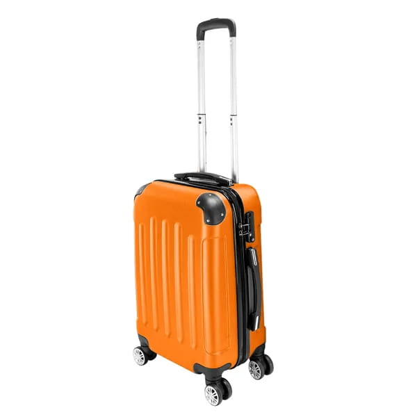 Bright orange 3-in-1 lightweight abs hard shell trolley suitcase with black accents silver spinner wheels and retractable handle.