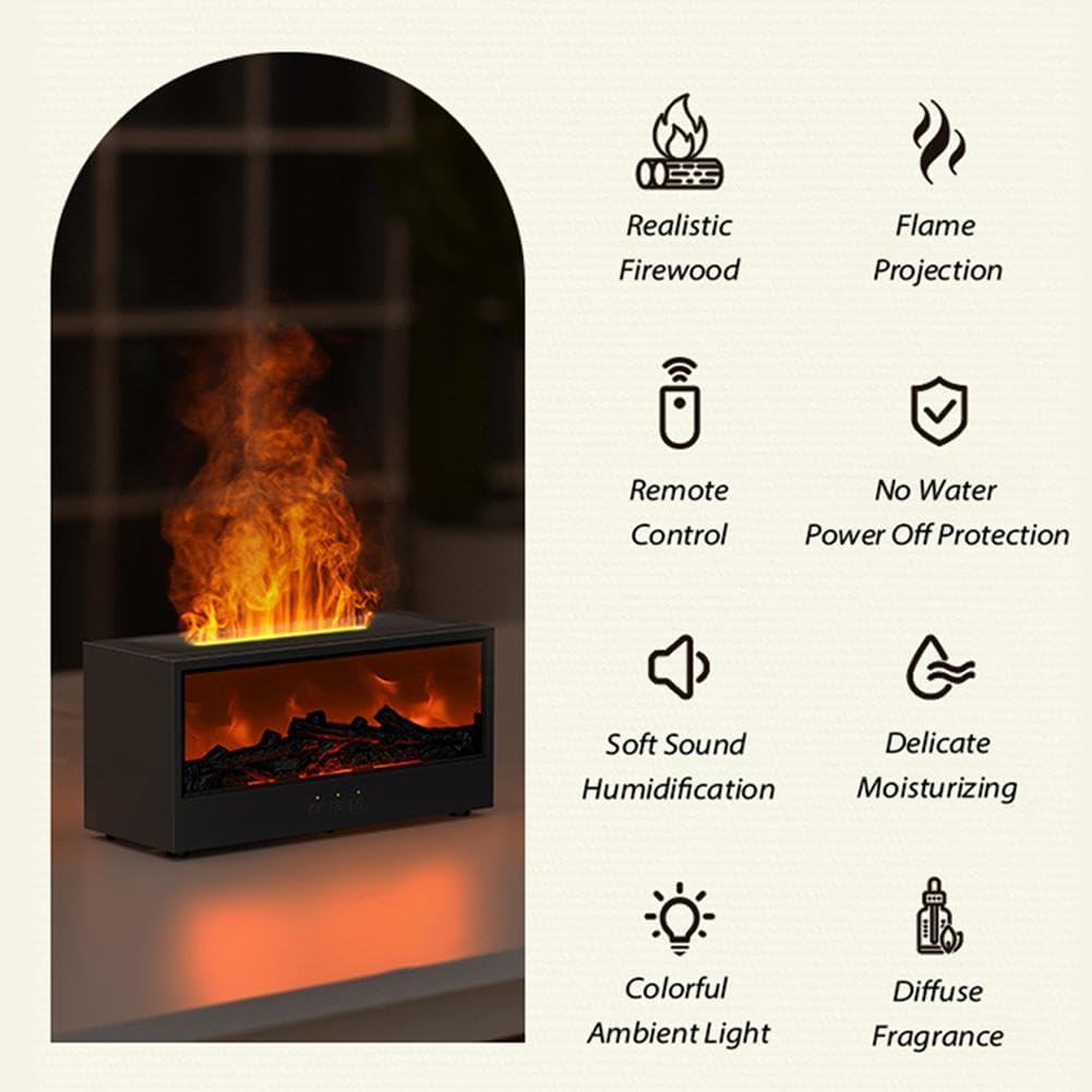 Black rectangular electric fireplace Flame Humidifier Volcano Aromatherapy Diffuser Light with realistic flame projection and ambient lighting for aromatherapy and home decor.