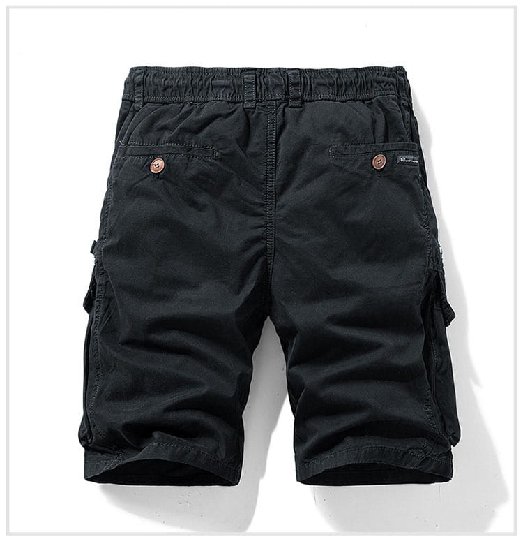 Men’s black cotton cargo shorts with brown buttons and multiple pockets featuring a relaxed fit and drawstring waistband.
