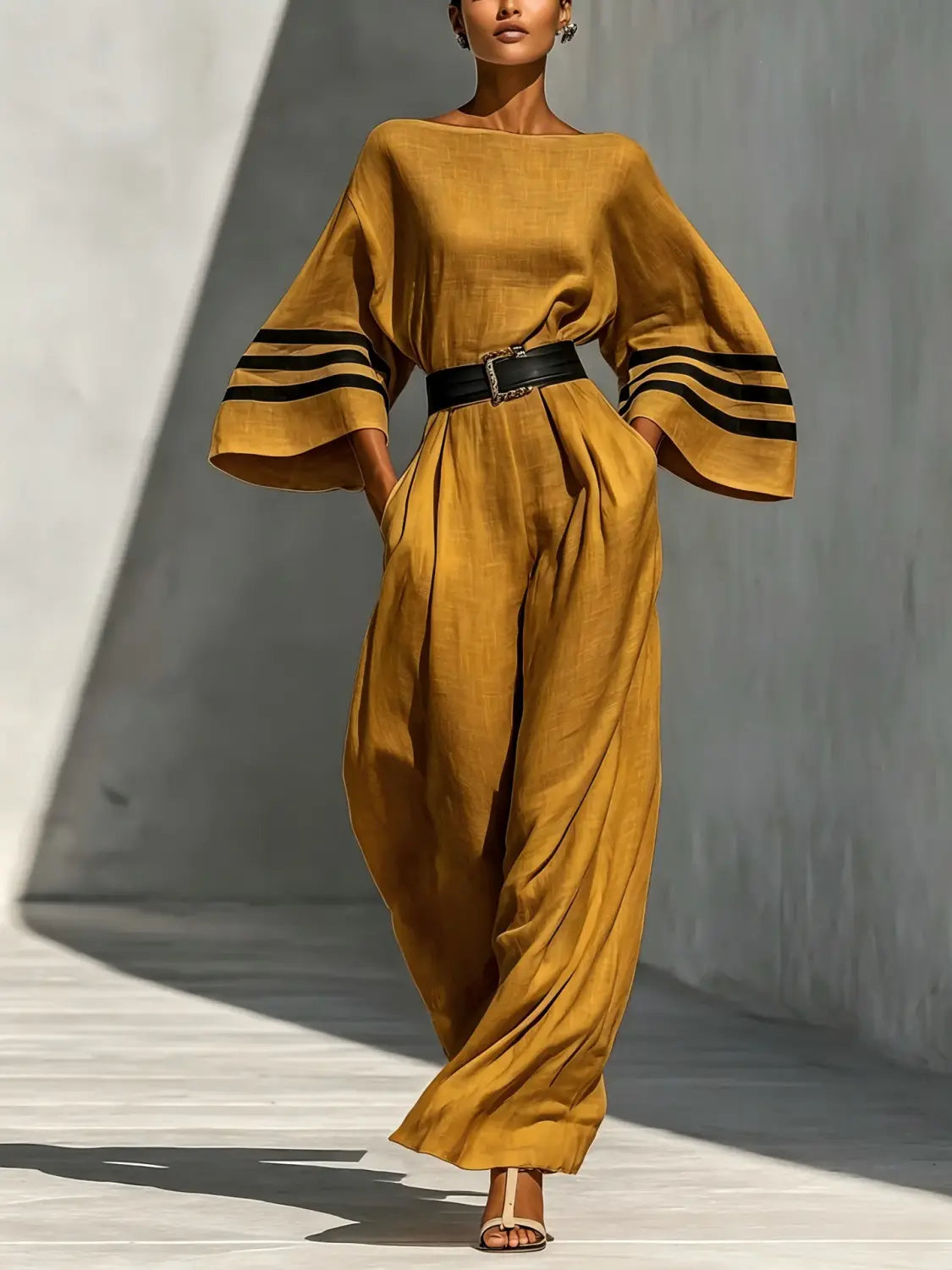 Fließender Jumpsuit aus Leinen in Senfgelb mit Glockenärmeln, mit drei schwarzen horizontalen Streifen und passendem schwarzem Gürtel.