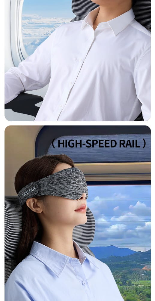 Graue 3D-Schlafmaske aus strukturiertem Stoff mit atmungsaktivem, konturiertem Design und Jialian-Branding am Riemen für eine wirksame Augenschattierung.