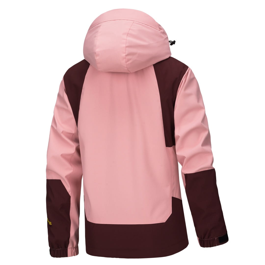 Veste de plein air imperméable à capuche bicolore rose et bordeaux pour hommes et femmes.