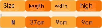 L’image présente un tableau des dimensions de taille m pour un costume d’Halloween pour chien en forme de citrouille, avec un arrière-plan orange et un texte blanc indiquant une longueur de 37 cm, une largeur de 9 cm et une hauteur de 9 cm.