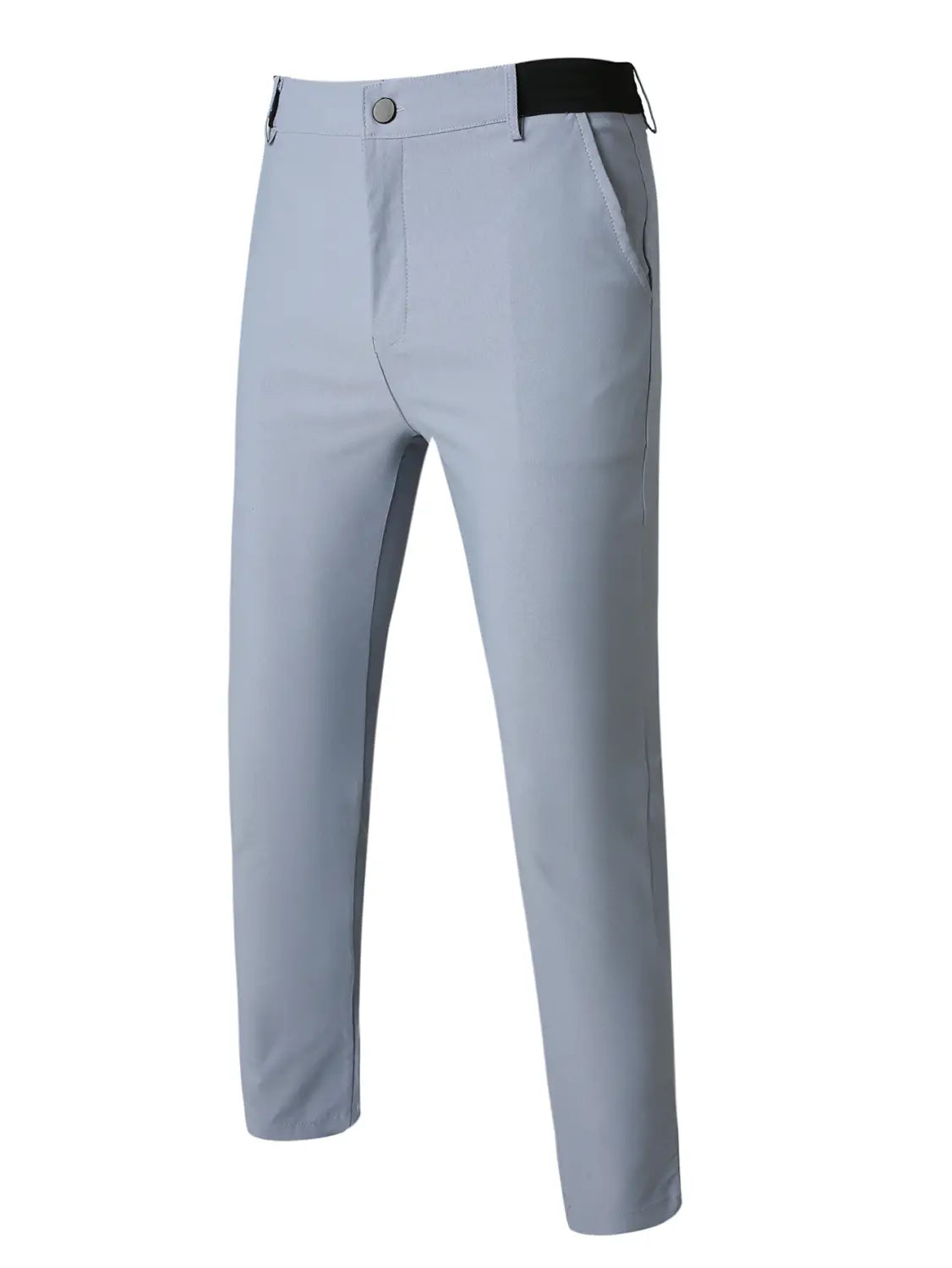 Men’s slim fit high stretch light gray business trousers featuring a black waistband and subtle side pockets.