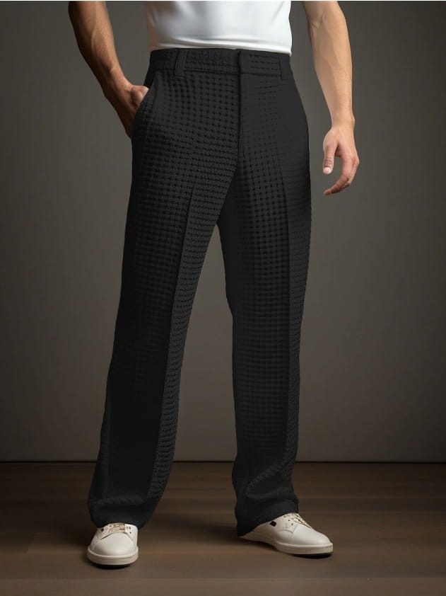 Men’s slim fit waffle knit straight leg business trousers in black with a subtle grid pattern and tailored fit.
