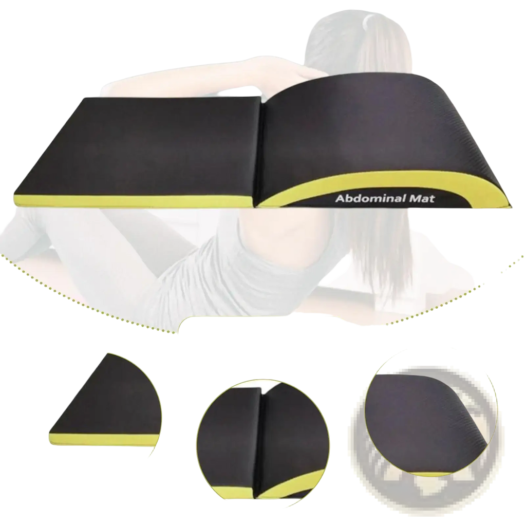 Black and yellow ab exercise mat with textured surface for lumbar and tailbone protection during workouts