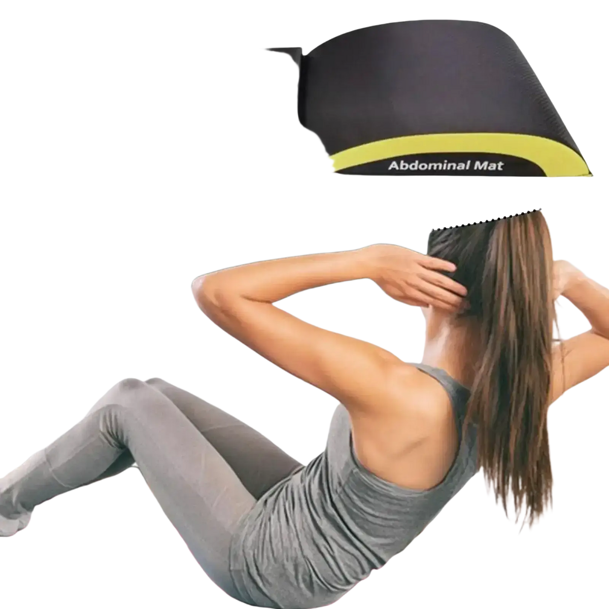 Black and yellow abdominal exercise mat with tailbone protection and abdominal mat printed in white on the side