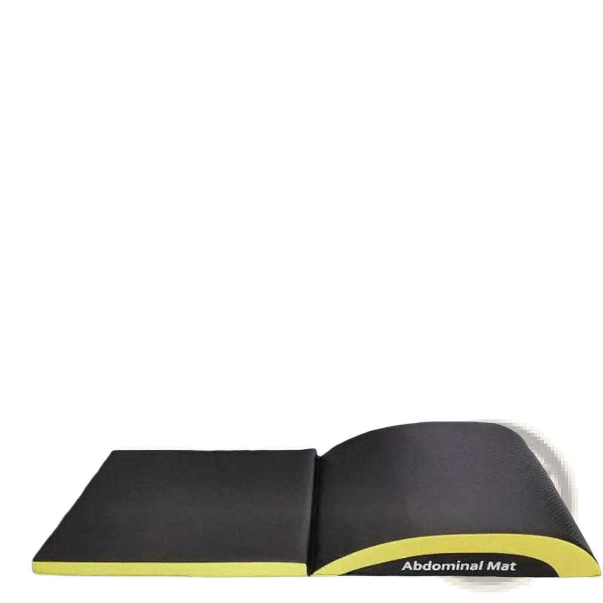 Black and yellow curved abdominal exercise mat designed for lumbar and tailbone protection during core workouts