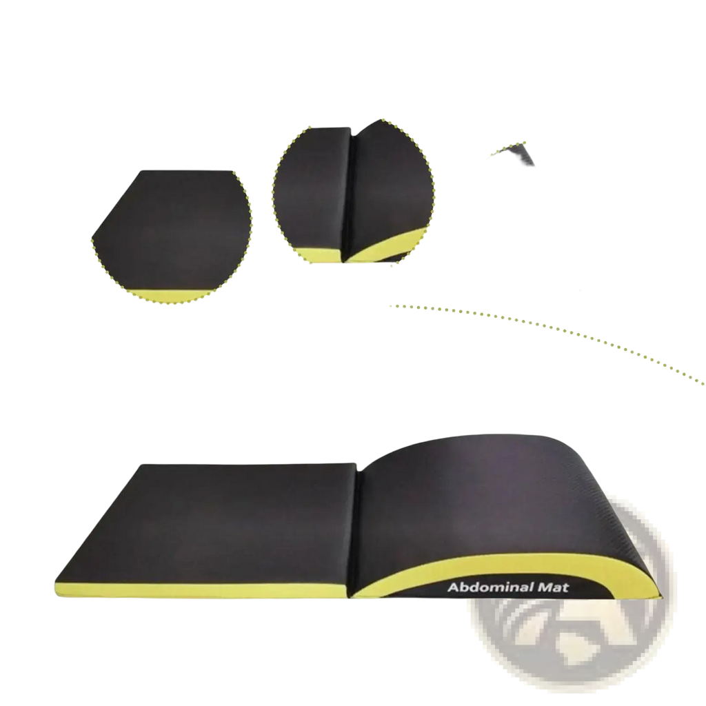 Black and yellow ab exercise mat with curved design for lumbar and tailbone protection during core workouts