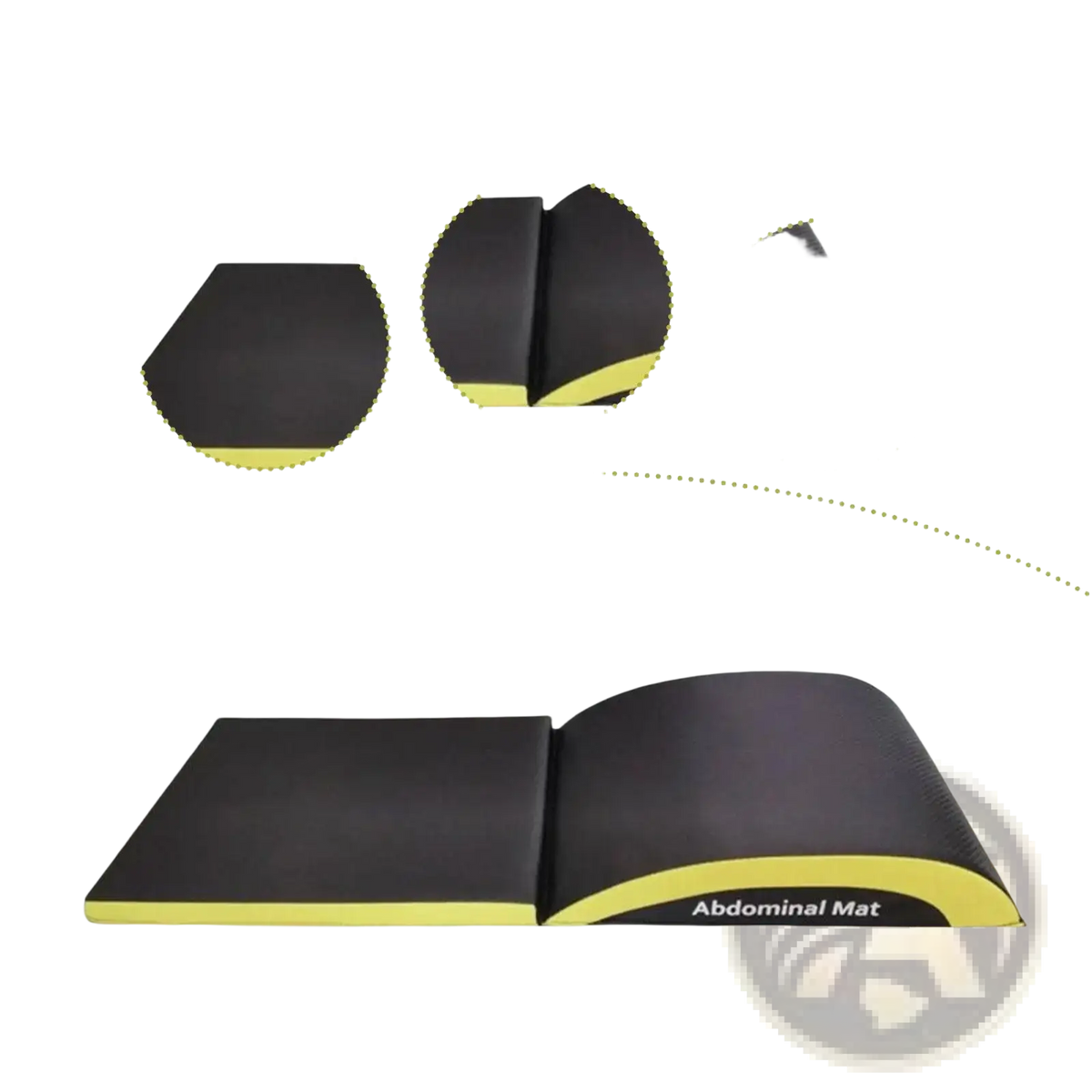 Black and yellow ab exercise mat with curved design for lumbar and tailbone protection during core workouts