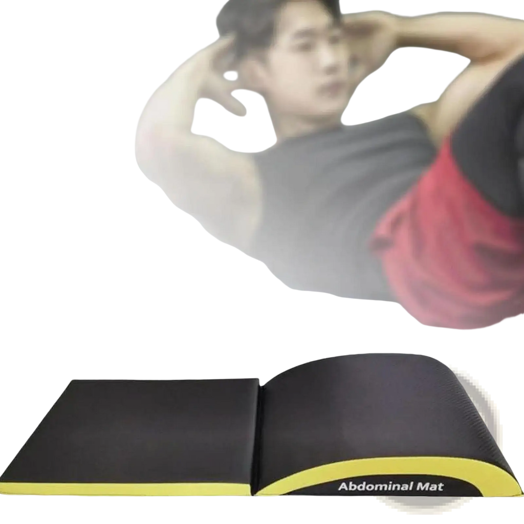 Black and yellow abdominal exercise mat with curved contoured design for lumbar and tailbone protection