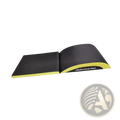 Black and yellow ab exercise mat with curved contoured design for lumbar and tailbone protection during core workouts