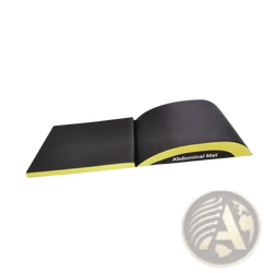 Black and yellow ab exercise mat with curved contoured design for lumbar and tailbone protection during core workouts