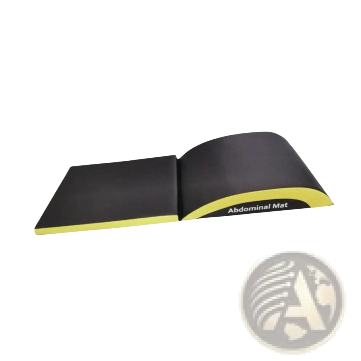Black and yellow ab exercise mat with curved contoured design for lumbar and tailbone protection during core workouts