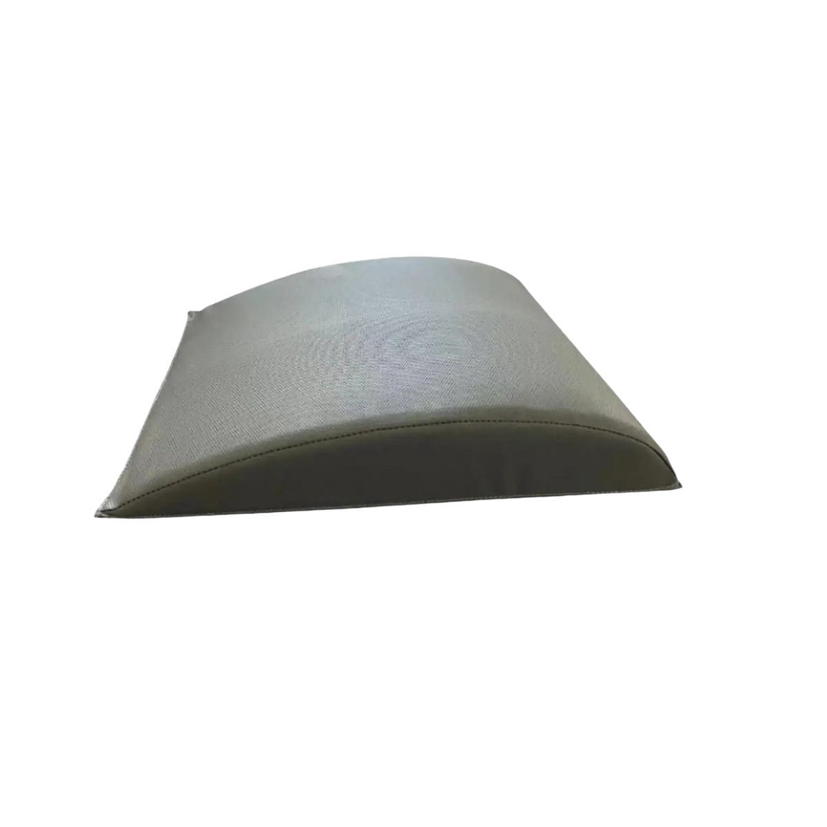 Gray curved ab exercise mat with textured fabric and stitched edges for lumbar and tailbone protection