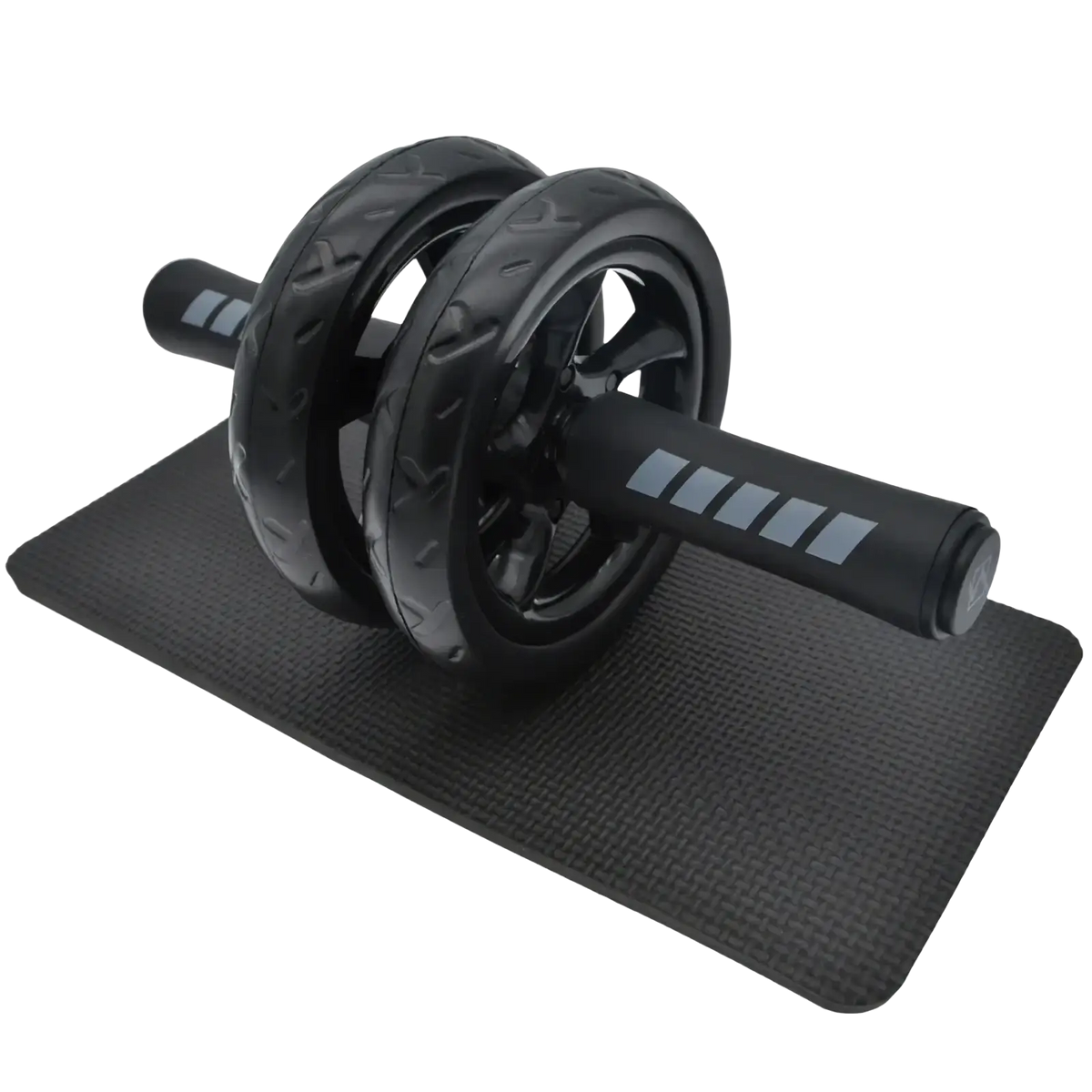 Black ab roller wheel with textured wheels and grip handles on a matching black exercise mat for core workouts