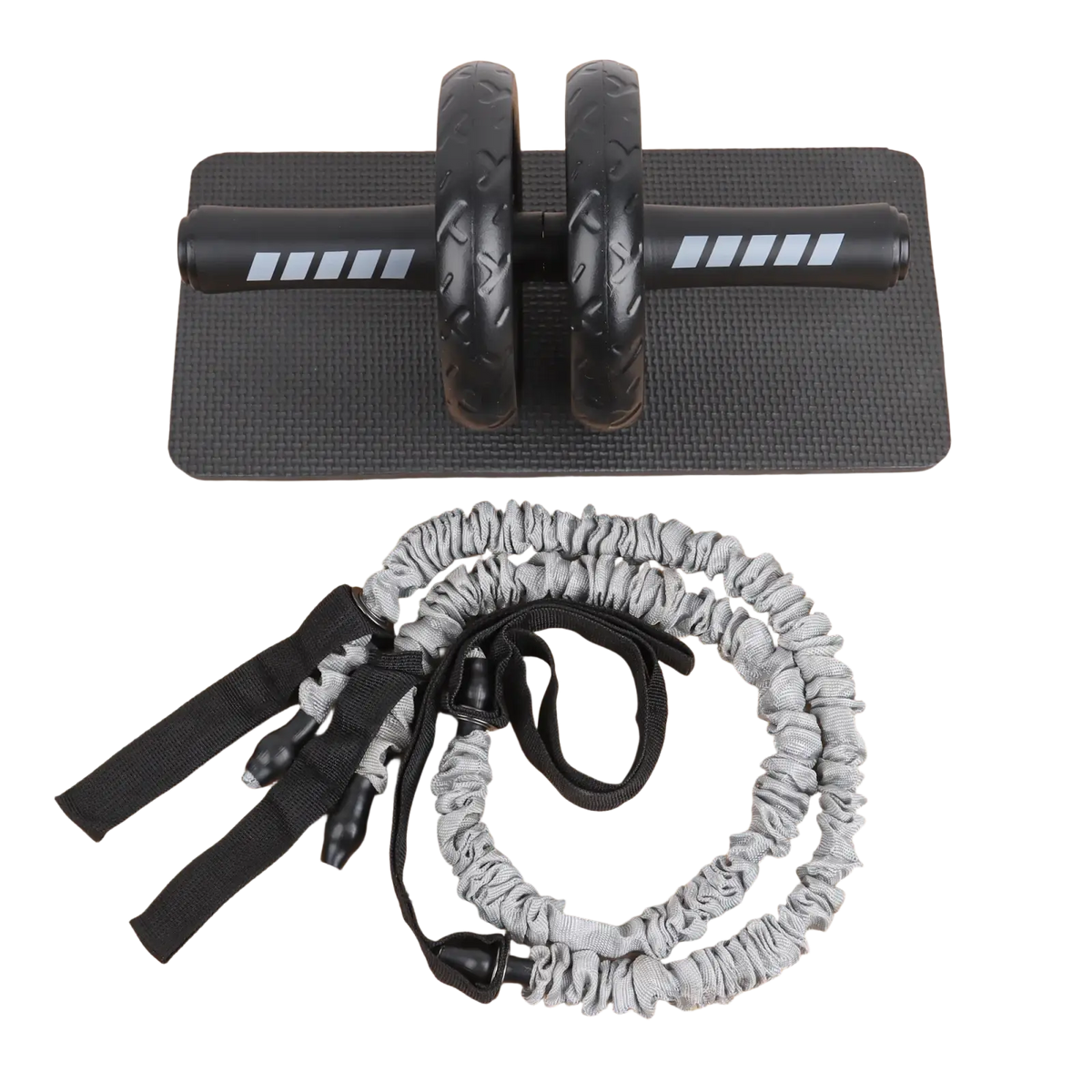 Black ab roller wheel core workout resistance band set with textured wheels grip handles and gray resistance bands on mat