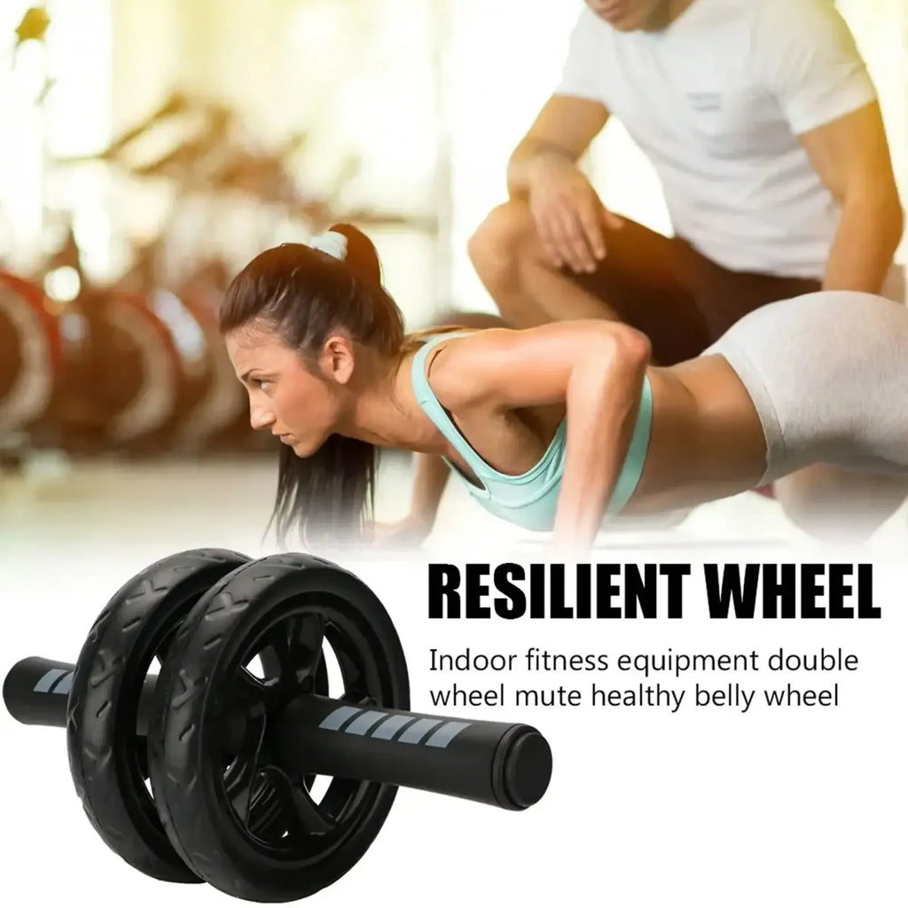 Black double-wheel ab roller with textured resilient wheels and padded handle for indoor core training in resistance band set