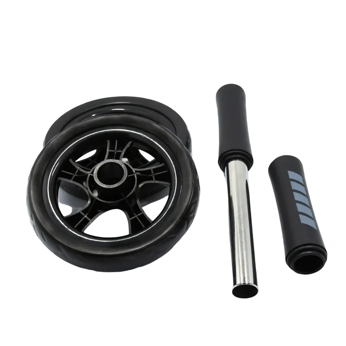 Black plastic ab roller with silver metal handle and black grip cap for core workout resistance band set