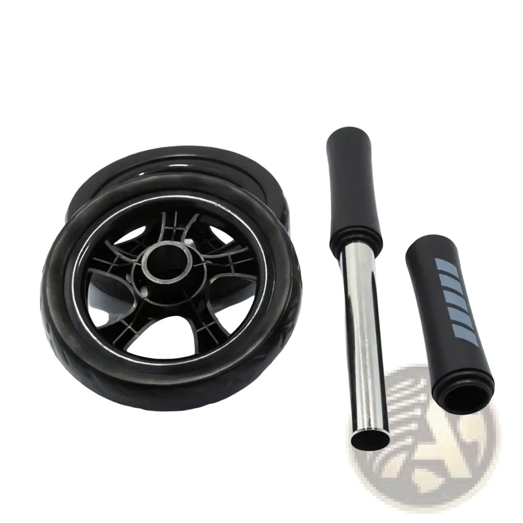 Black plastic ab roller with silver metal handle and black grip cap for core workout resistance band set