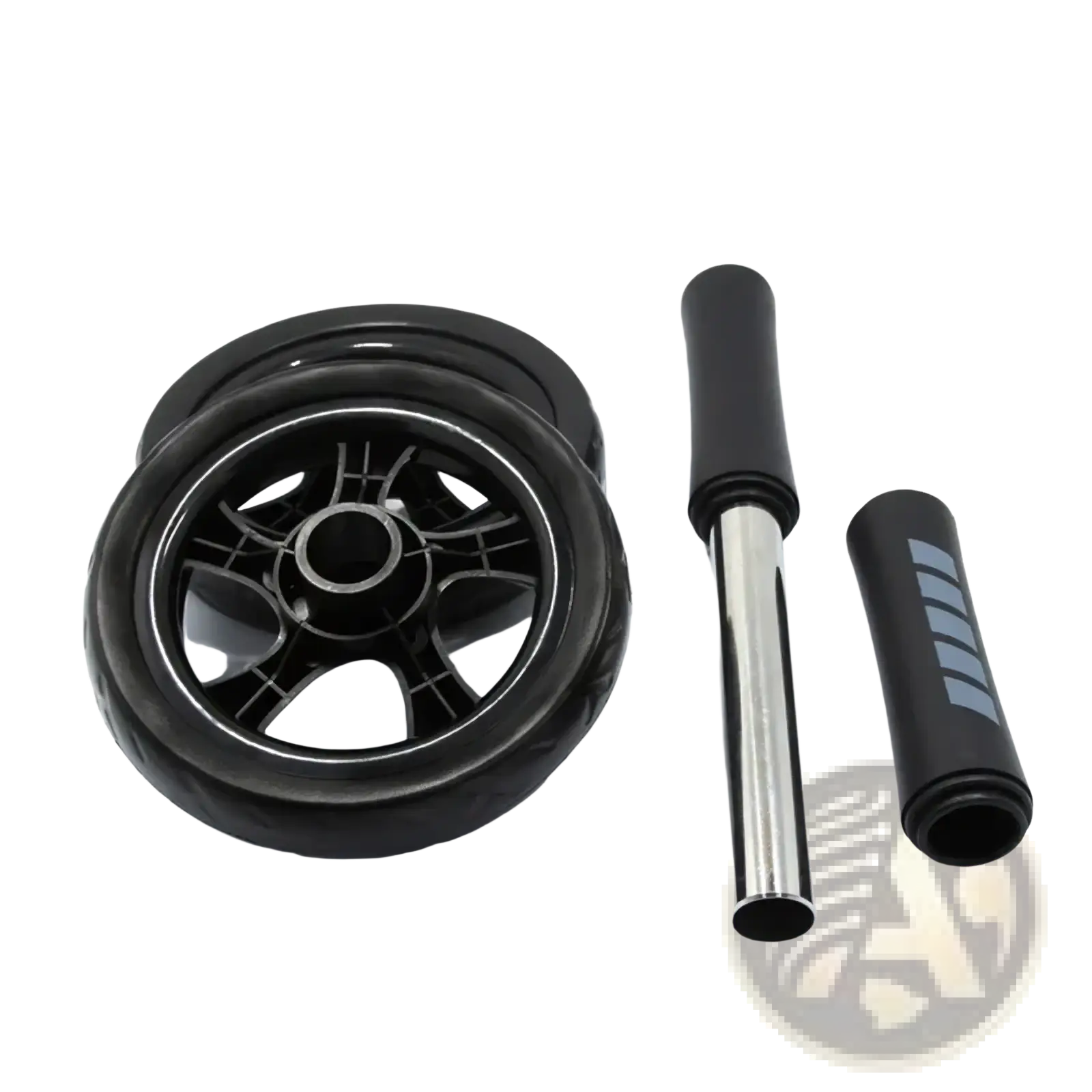 Black plastic ab roller with silver metal handle and black grip cap for core workout resistance band set