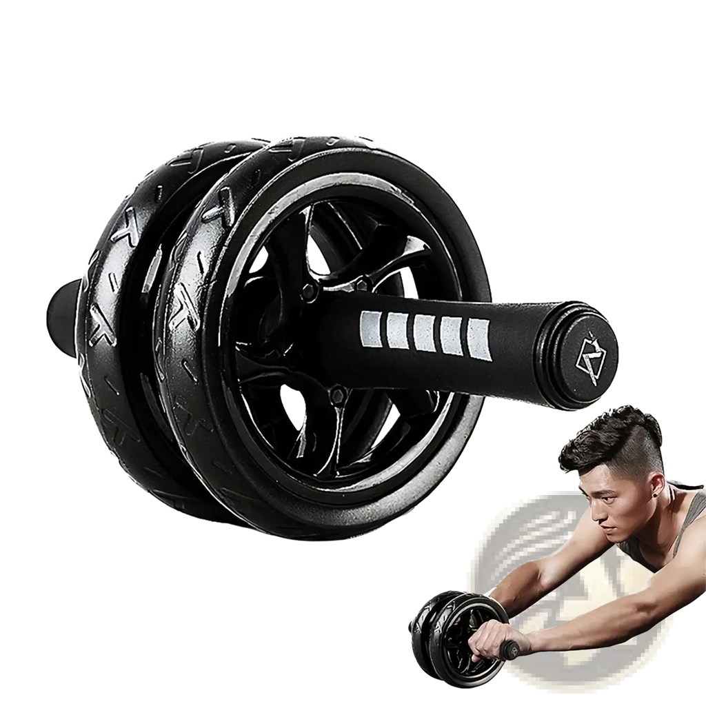 Black soweil ab roller wheel with textured rubber wheels and grip handle for core workout resistance band set