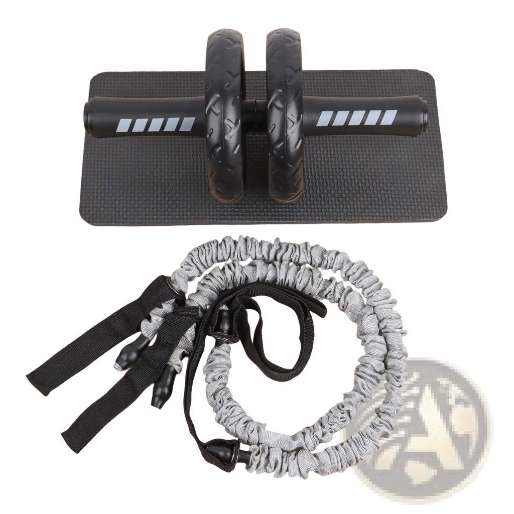 Black ab roller wheel core workout resistance band set with textured wheels grip handles and gray resistance bands on mat