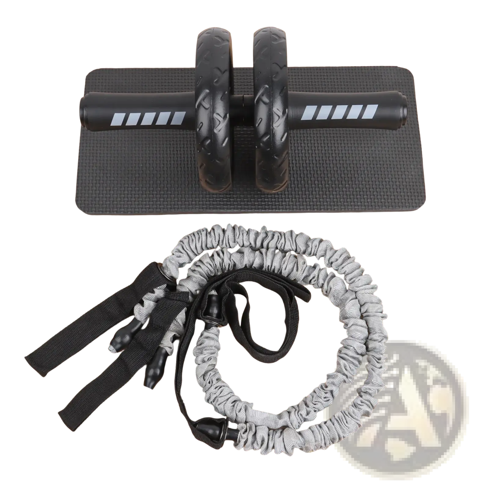 Black ab roller wheel core workout resistance band set with textured wheels grip handles and gray resistance bands on mat