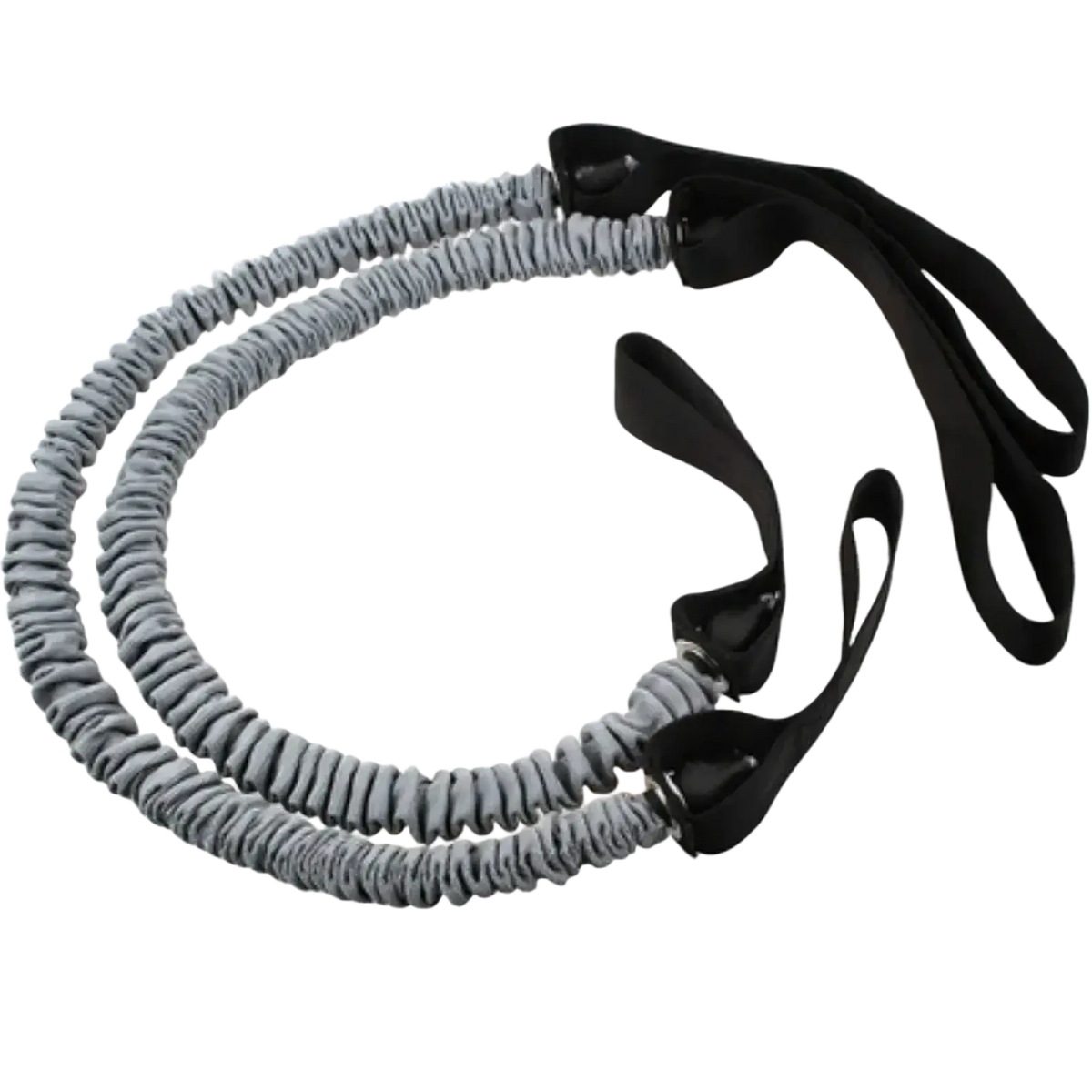 Gray elastic resistance bands with black fabric handles and metal clasps for ab roller wheel core workout set