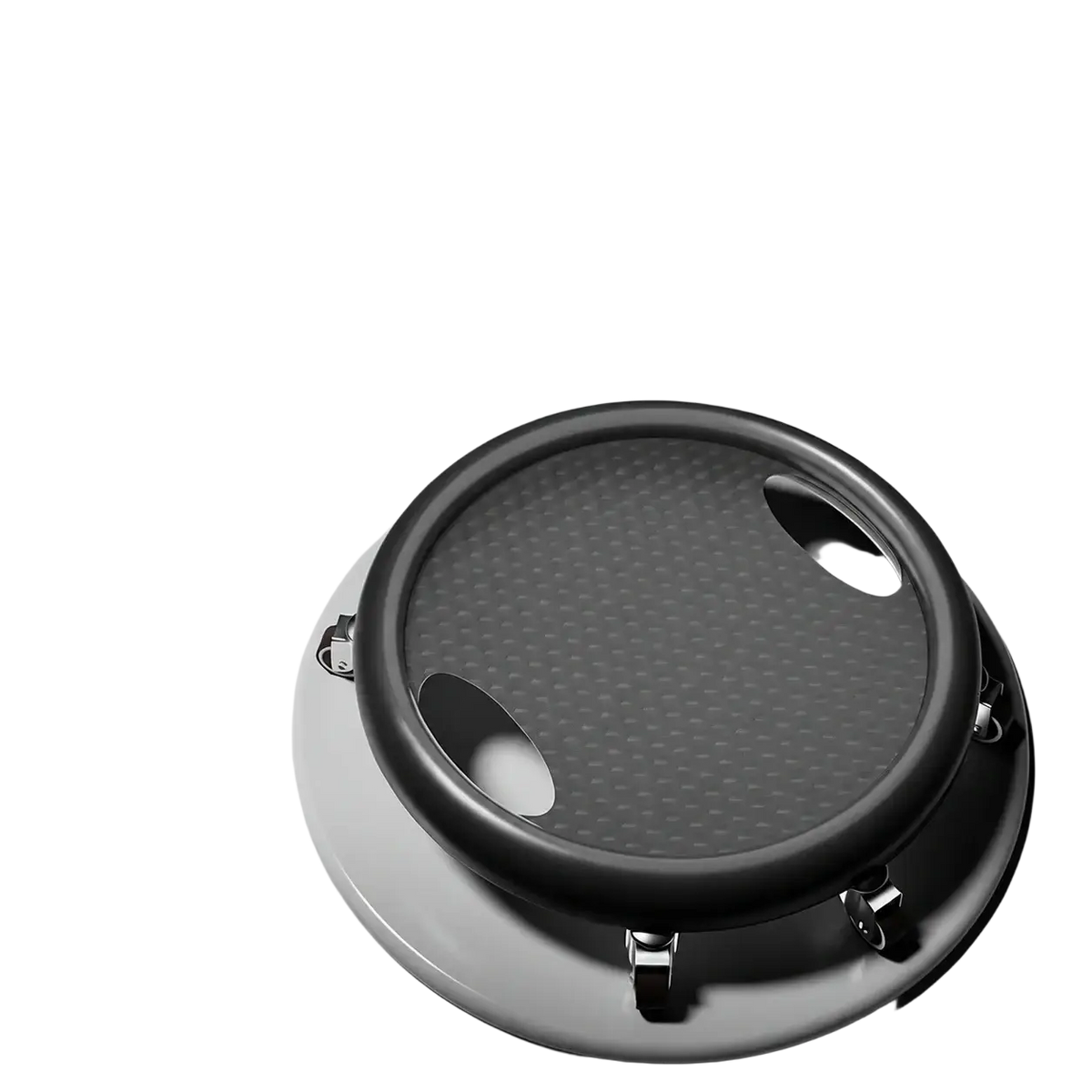 Black circular carbon fiber phone stand with metallic silver accents and four adjustable feet for ab roller wheel use