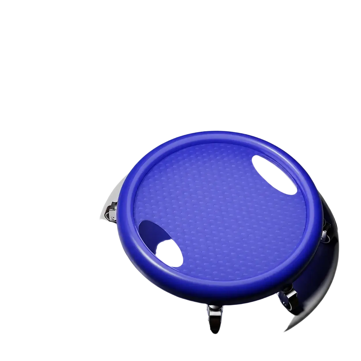 Blue circular suction cup floor mat with textured surface and metallic feet for silent multidirectional ab roller wheel