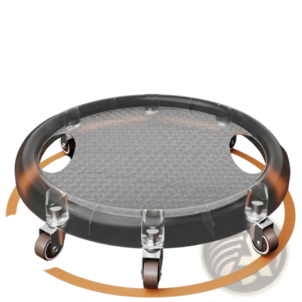 Clear plastic ab roller wheel with six metal caster wheels and textured metallic platform for silent multidirectional workouts