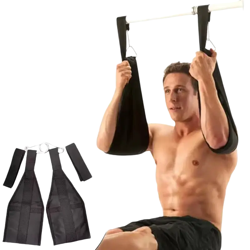 Black heavy duty ab sling straps made of fabric with metal hooks for hanging leg raise exercises
