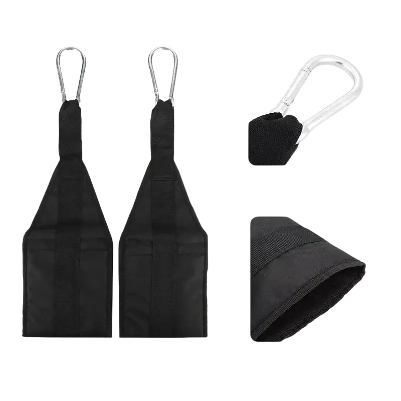 Black heavy duty ab sling straps with silver carabiner hooks designed for hanging leg raise exercises