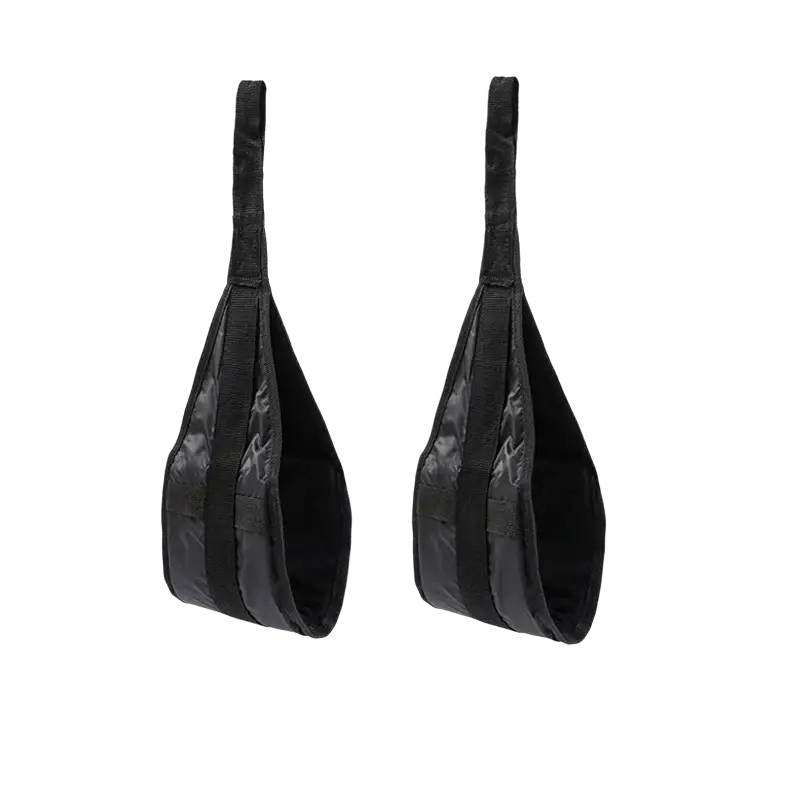Black ab sling straps with heavy duty reinforced webbing and padded interior for hanging leg raise exercises