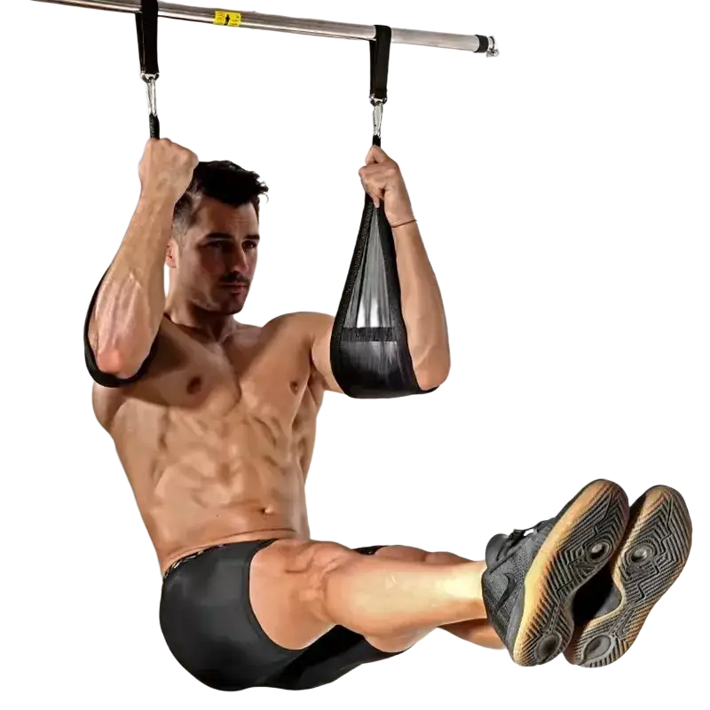 Black fabric ab sling straps with adjustable metal hardware for heavy duty hanging leg raise exercises