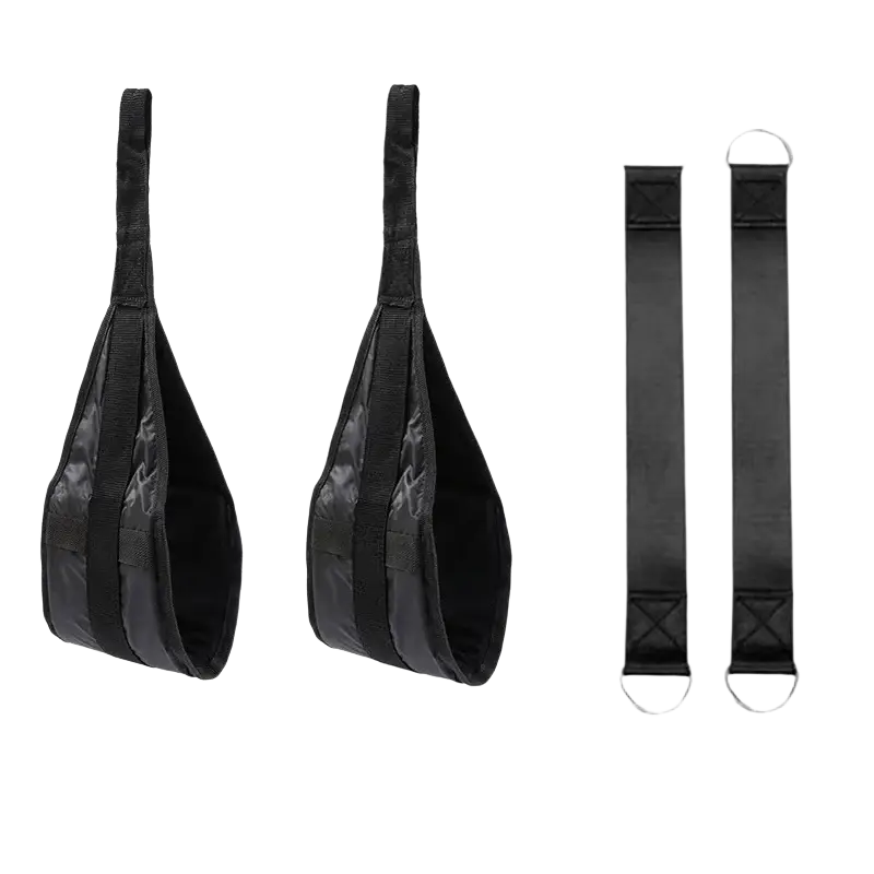 Black padded heavy duty ab sling straps with metal d-rings and reinforced stitching for hanging leg raises